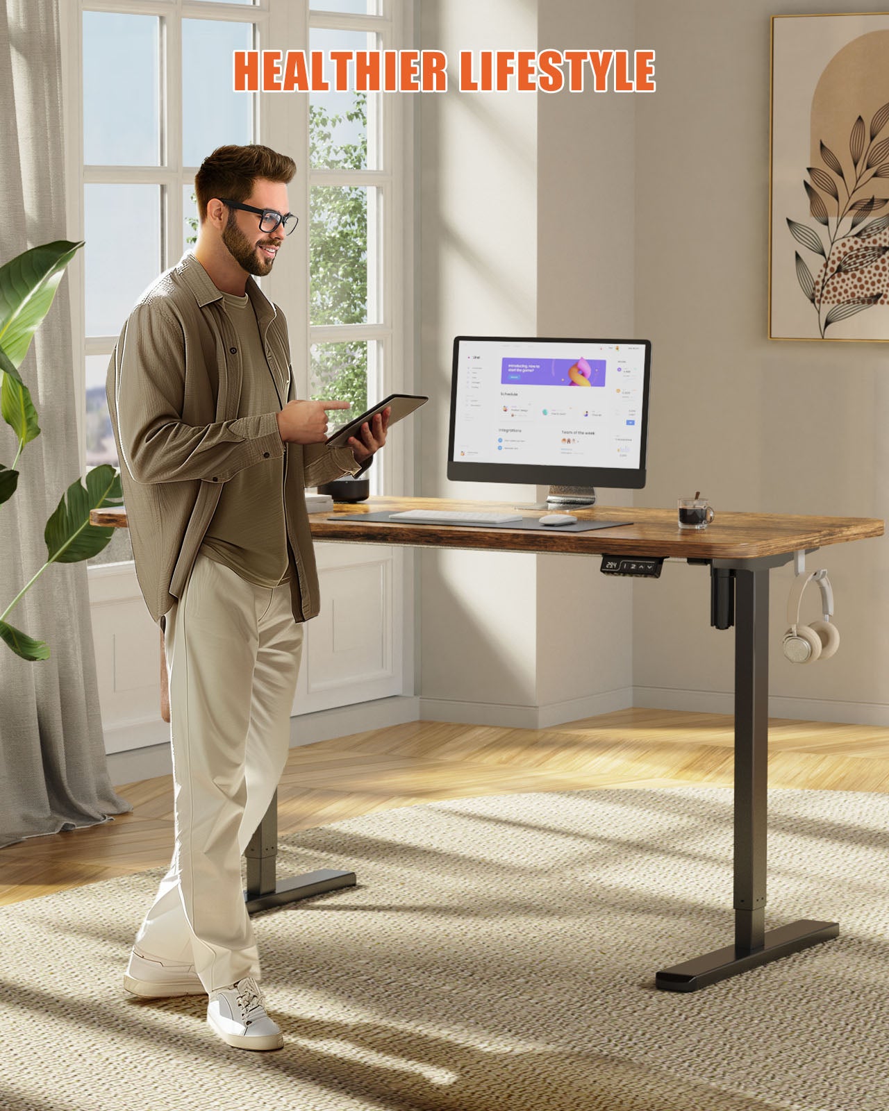Flycity Electric Standing Desk Adjustable Height Stand Up Desk, 55" x 24" Sit Stand Desk, Low Noise Home Office Desk, Computer Desk with Splice Board, Child Lock & Memory Function, Rustic Brown