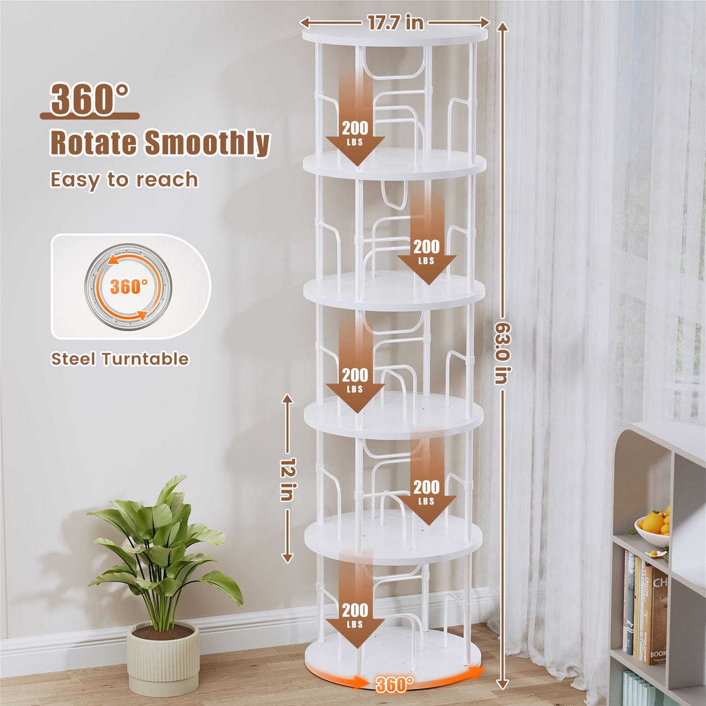 Flycity 5 Tier Rotating Bookshelf, 360° Display Rotating Bookcase Corner Storage Rack with Special Visible Partition Storage, White