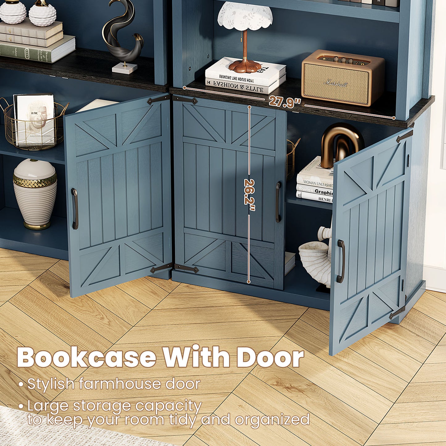 Flycity 70" Tall Bookshelf, 5 Tier Farmhouse Bookcase with Storage Cabinet and Doors, Freestanding Wood Shelves for Bedroom, Living Room, or Kitchen,Blue