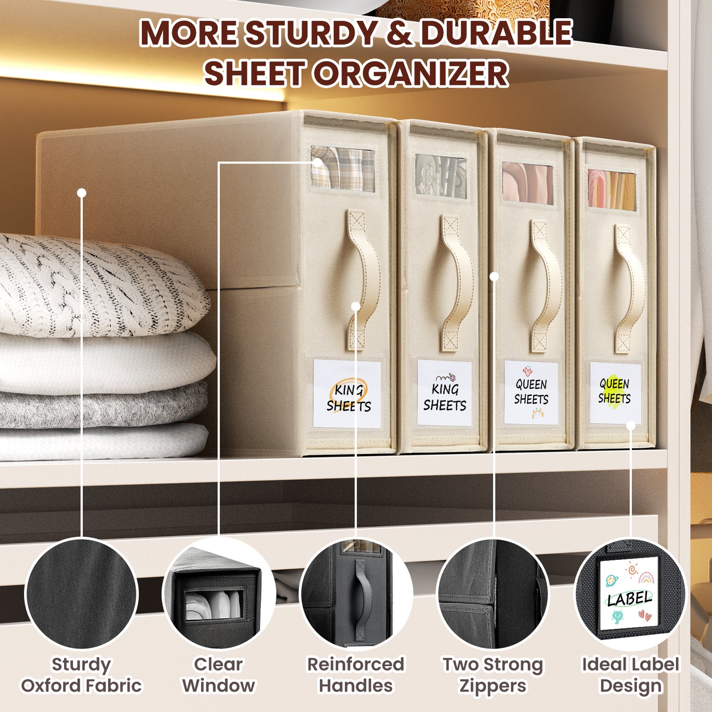 Flycity 6 Pack Foldable Bed Sheet Organizers with Window, Storage Containers for Queen & King Size Bedding, Linen Closet Organizers for Sheet Sets, Beige