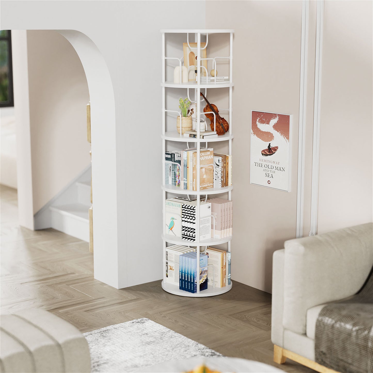 Flycity 5 Tier Rotating Bookshelf, 360° Display Rotating Bookcase Corner Storage Rack with Special Visible Partition Storage, White