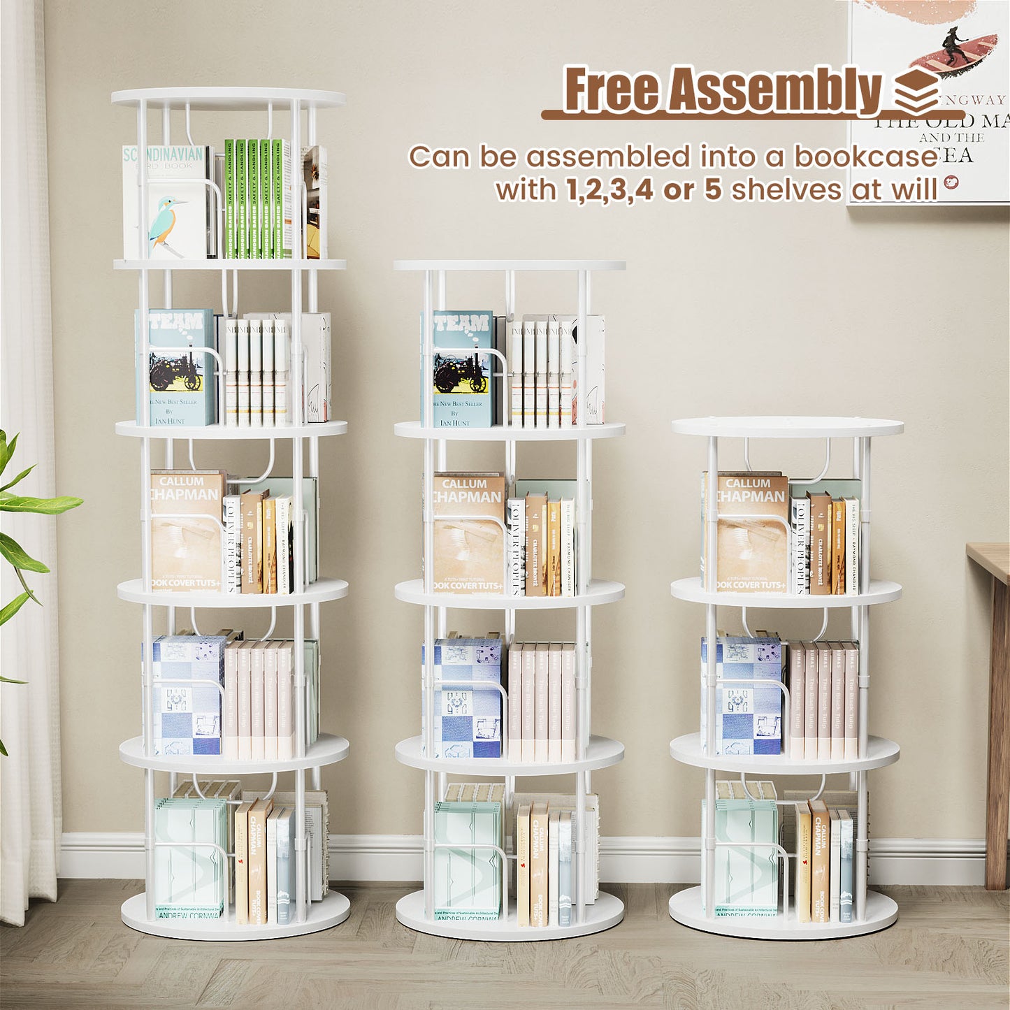 Flycity 5 Tier Rotating Bookshelf, 360° Display Rotating Bookcase Corner Storage Rack with Special Visible Partition Storage, White