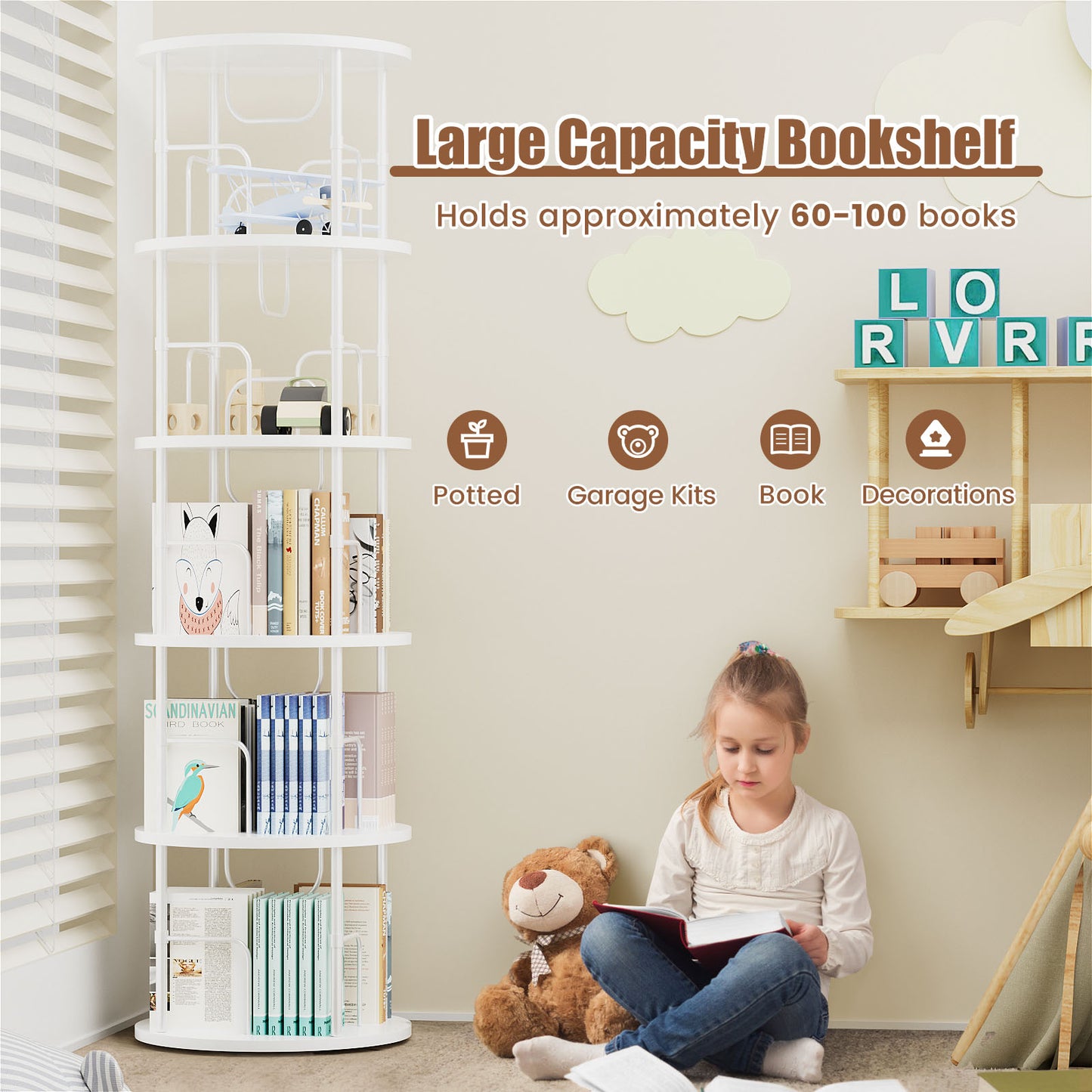 Flycity 5 Tier Rotating Bookshelf, 360° Display Rotating Bookcase Corner Storage Rack with Special Visible Partition Storage, White