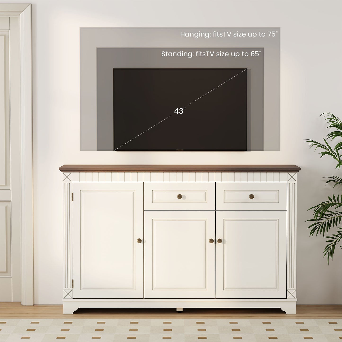 Flycity Modern Farmhouse Sideboard Buffet Cabinet, 60" Large Pantry Storage Cabinet with 2 Drawers, Wood Coffee Bar Cabinet for Kitchen, Living Room, Home Office, White