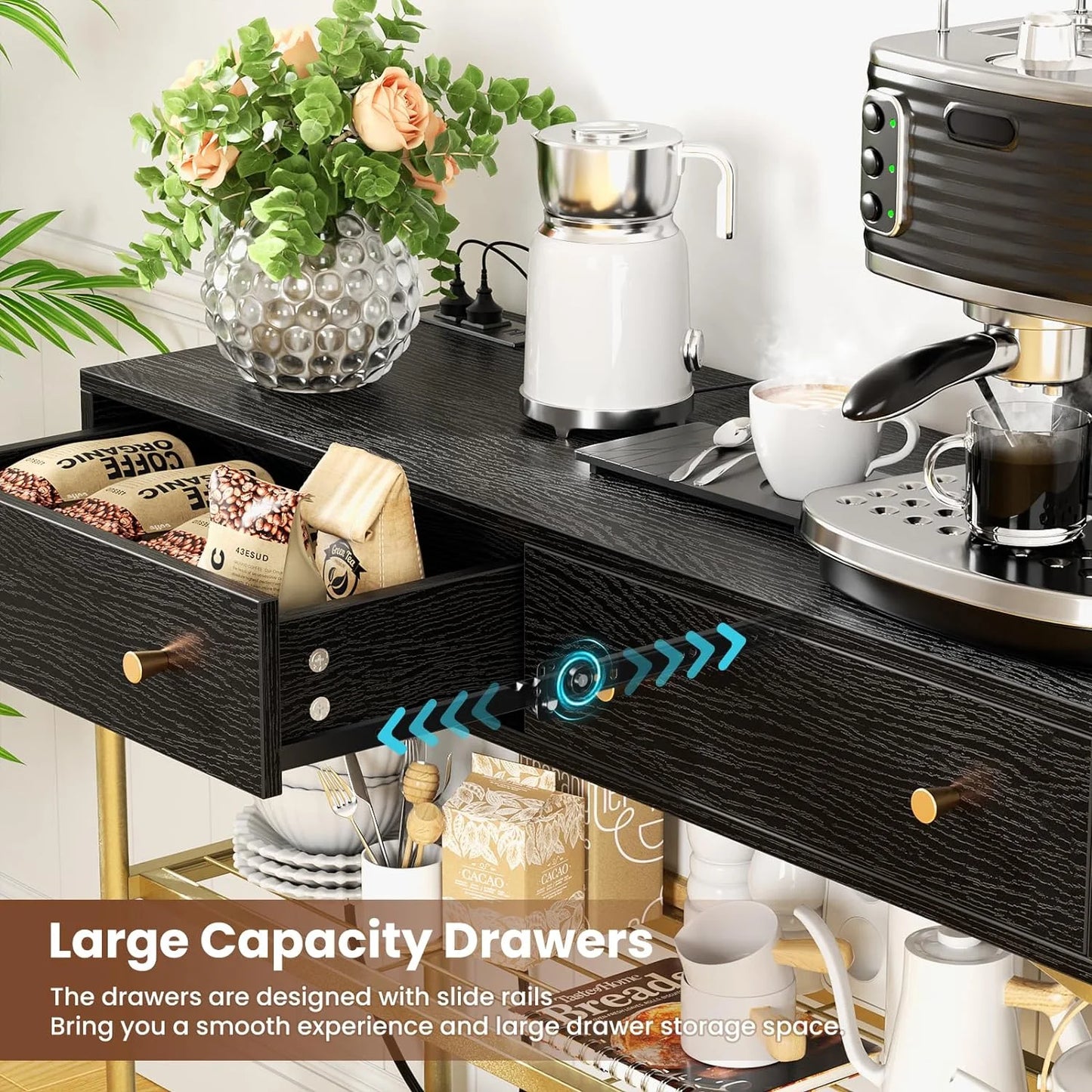 Flycity Metal Frame Console Tables for Entryway with 2 Drawers & Charging Station(with 2 Outlet and 2 USB Ports), 39'' Long Sofa Console Table with 3 Tier Storage Shelves for Living Room, Hallway