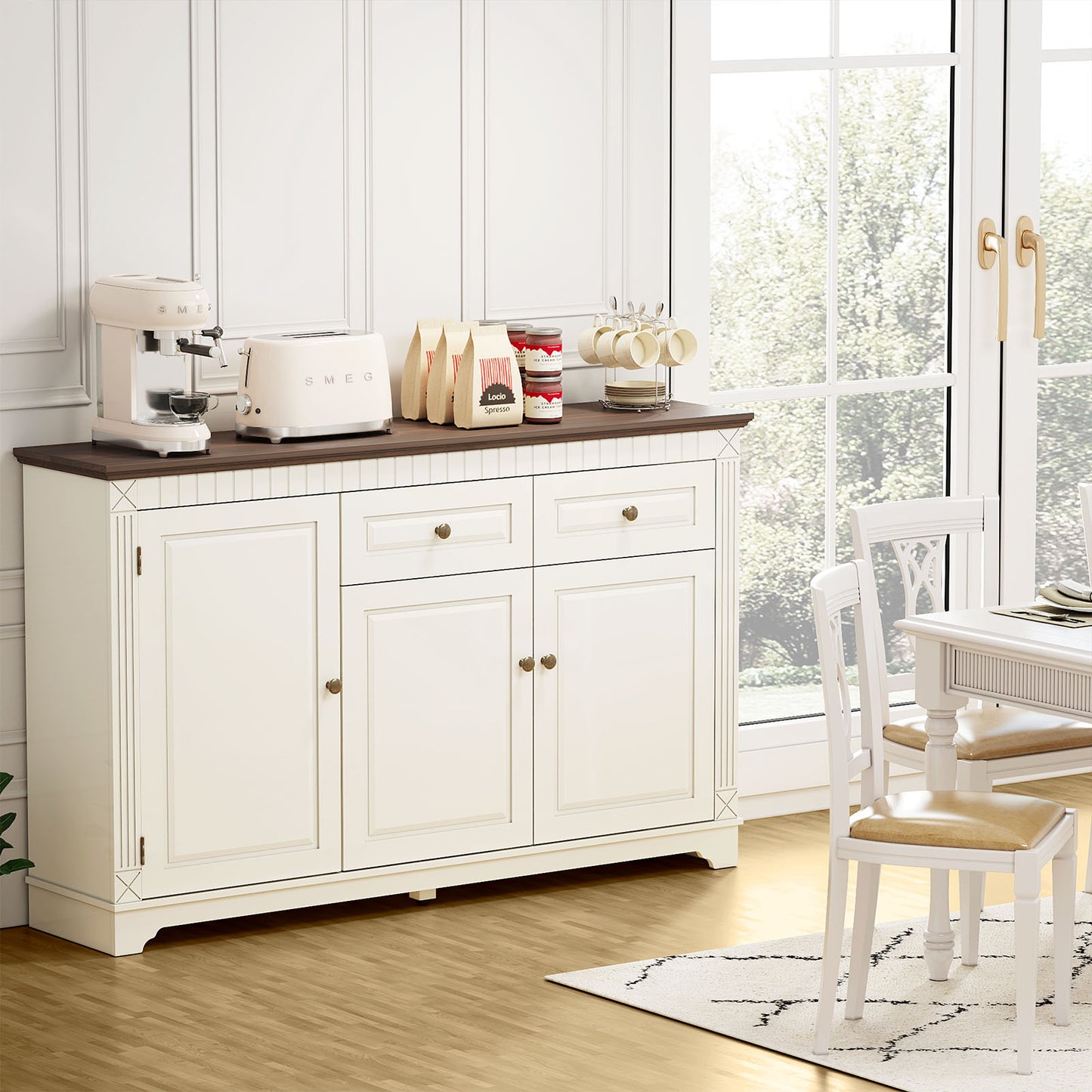Flycity Modern Farmhouse Sideboard Buffet Cabinet, 60" Large Pantry Storage Cabinet with 2 Drawers, Wood Coffee Bar Cabinet for Kitchen, Living Room, Home Office, White
