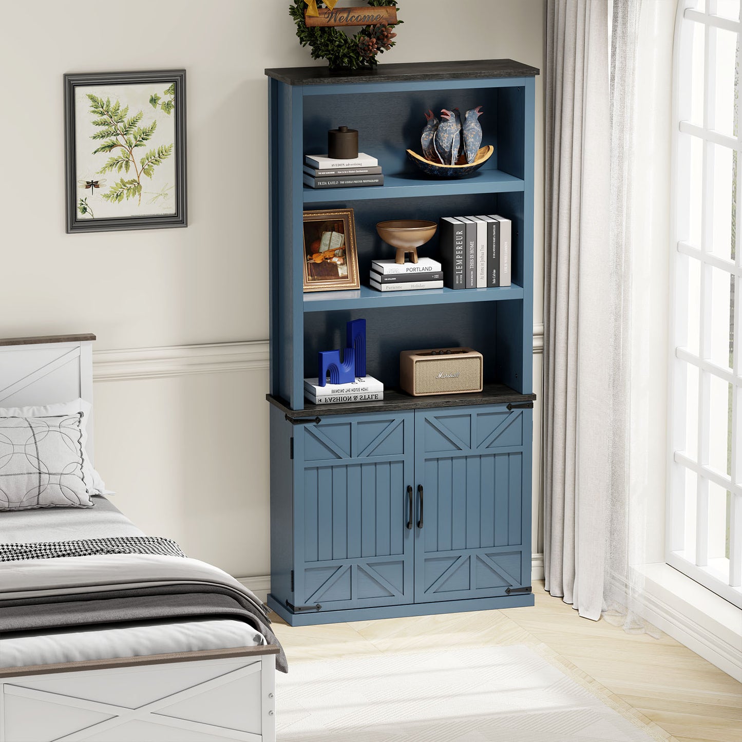 Flycity 70" Tall Bookshelf, 5 Tier Farmhouse Bookcase with Storage Cabinet and Doors, Freestanding Wood Shelves for Bedroom, Living Room, or Kitchen,Blue