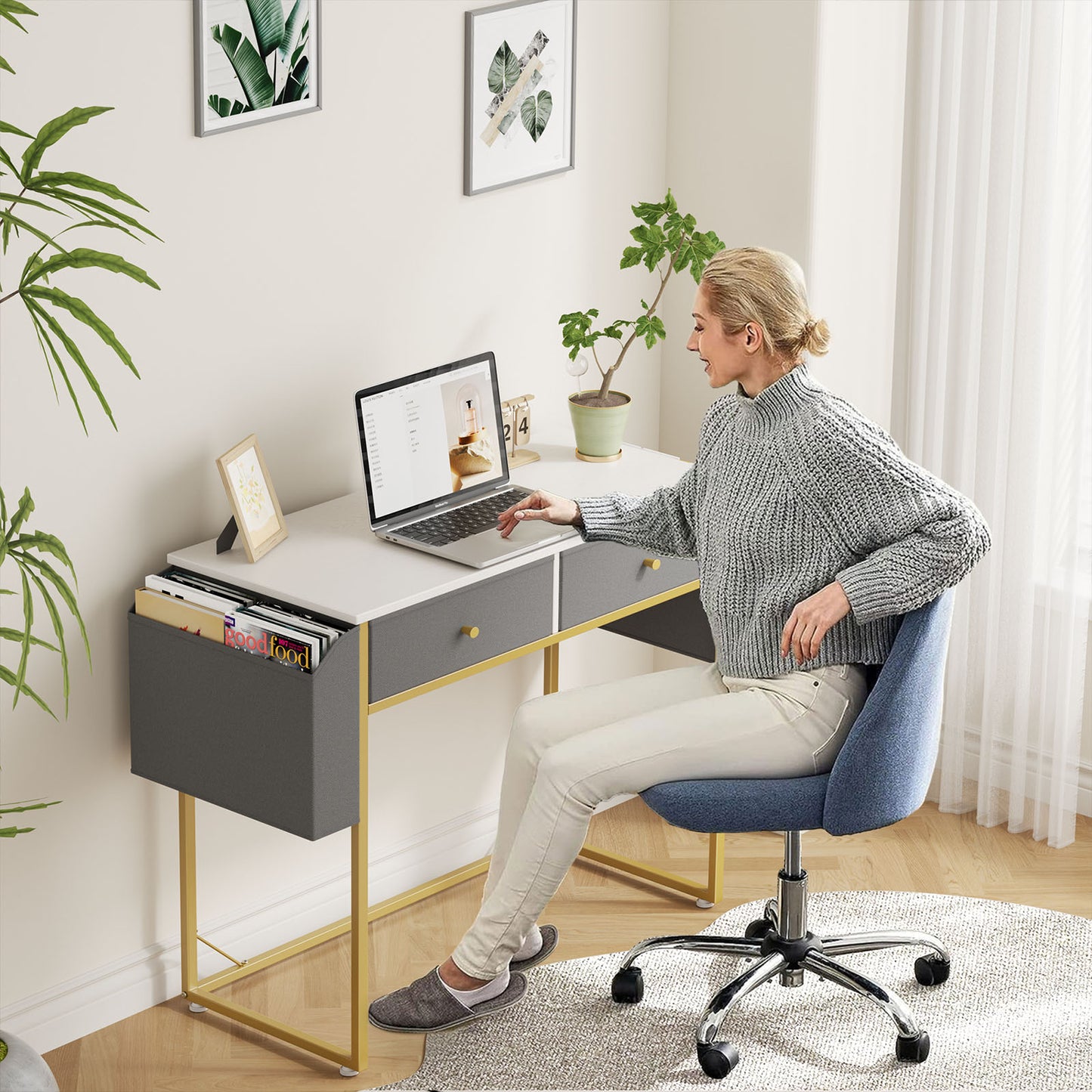 Flycity Vanity Table with 2 Drawers & Side Storage Bags, Multifunction Vanity & Computer Desk, More in one Work & Study Table for Home Office, 31.5"x15.7"x 30.9"