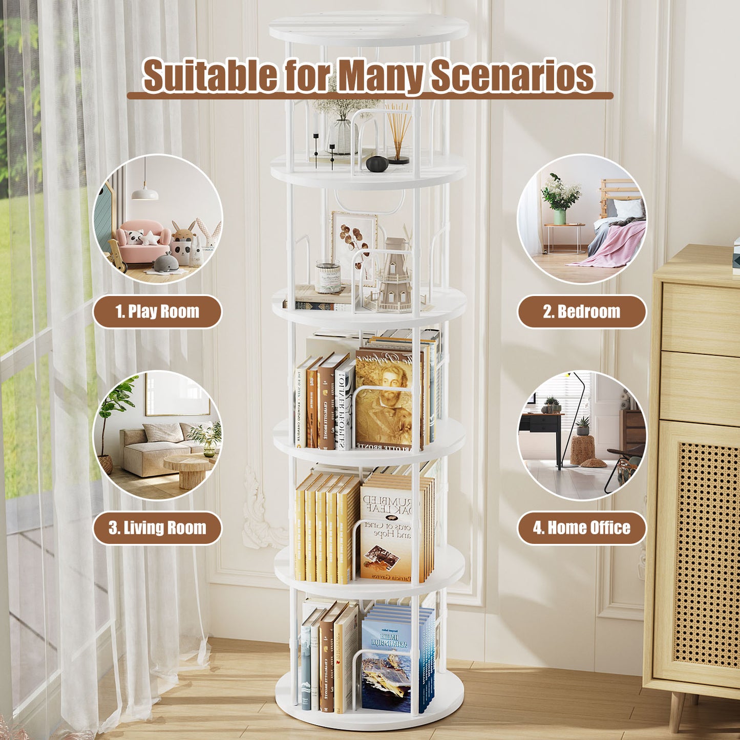 Flycity 5 Tier Rotating Bookshelf, 360° Display Rotating Bookcase Corner Storage Rack with Special Visible Partition Storage, White