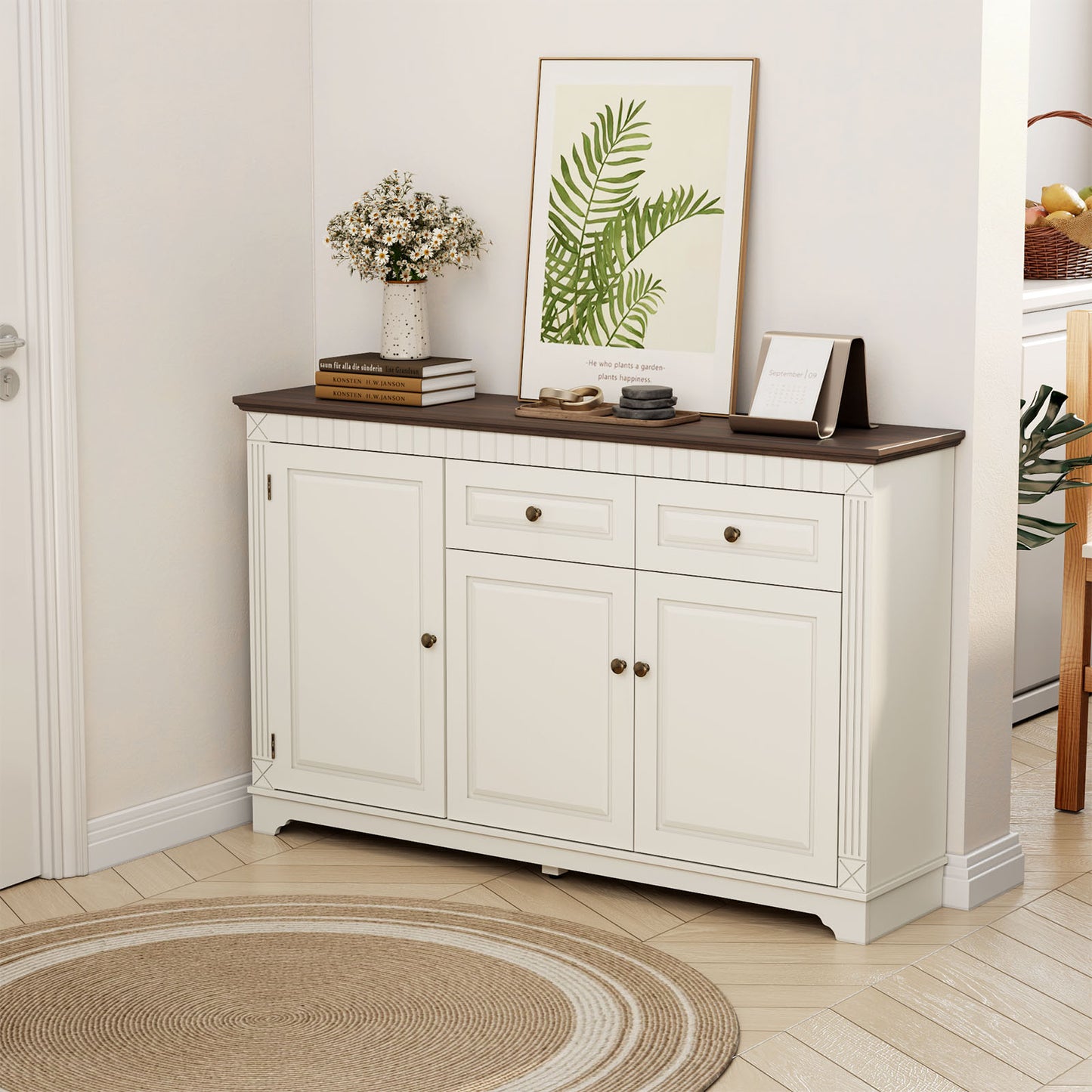 Flycity Modern Farmhouse Sideboard Buffet Cabinet, 60" Large Pantry Storage Cabinet with 2 Drawers, Wood Coffee Bar Cabinet for Kitchen, Living Room, Home Office, White