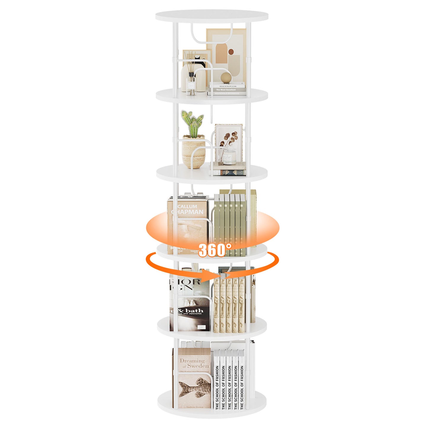 Flycity 5 Tier Rotating Bookshelf, 360° Display Rotating Bookcase Corner Storage Rack with Special Visible Partition Storage, White