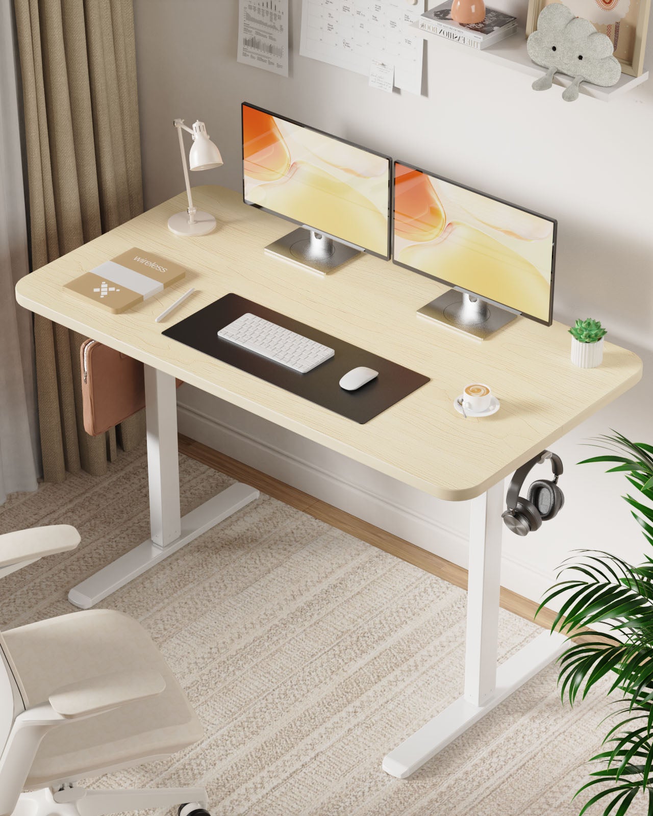 Flycity Electric Standing Desk Adjustable Height Stand Up Desk, 55" x 24" Sit Stand Desk, Low Noise Home Office Desk, Computer Desk with Splice Board, Child Lock & Memory Function, White