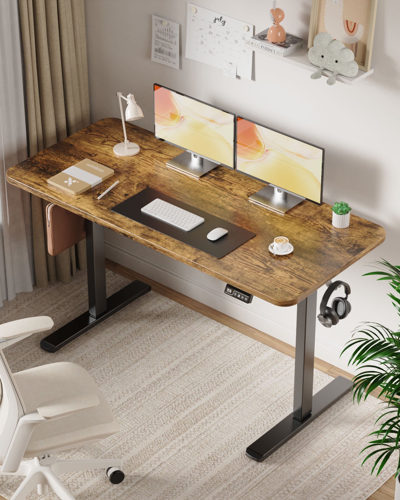 Flycity Electric Standing Desk Adjustable Height Stand Up Desk, 55" x 24" Sit Stand Desk, Low Noise Home Office Desk, Computer Desk with Splice Board, Child Lock & Memory Function, Rustic Brown
