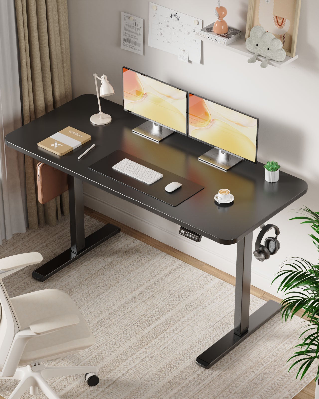 Flycity Electric Standing Desk Adjustable Height Stand Up Desk, 55" x 24" Sit Stand Desk, Low Noise Home Office Desk, Computer Desk with Splice Board, Child Lock & Memory Function, Black