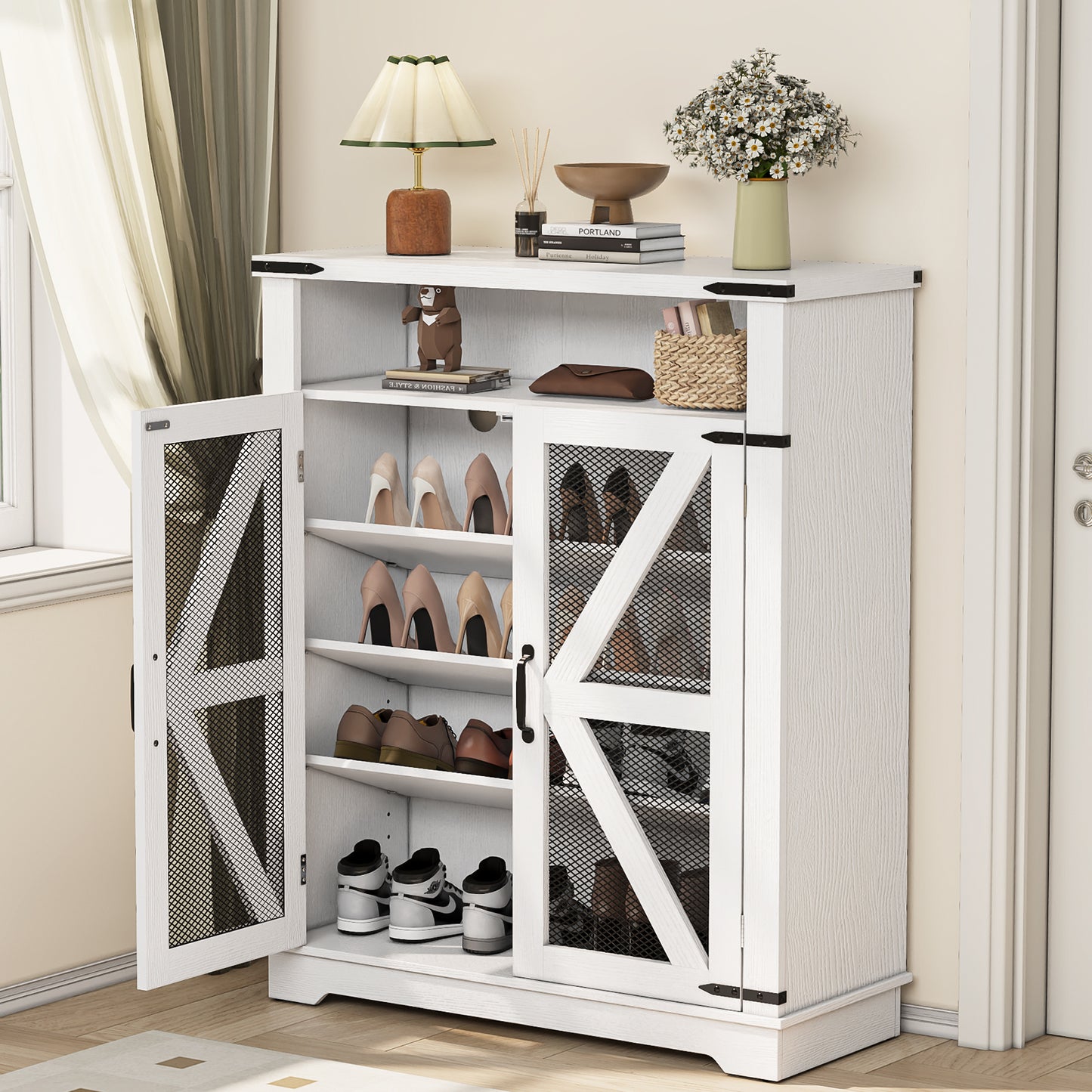 Flycity Shoe Cabinet, 6-Tiers Shoe Rack Organizer Cabinet with Adjustable Shelves, Freestanding Cabinet Storage with Anti-Tip Fitting (Mesh Door)