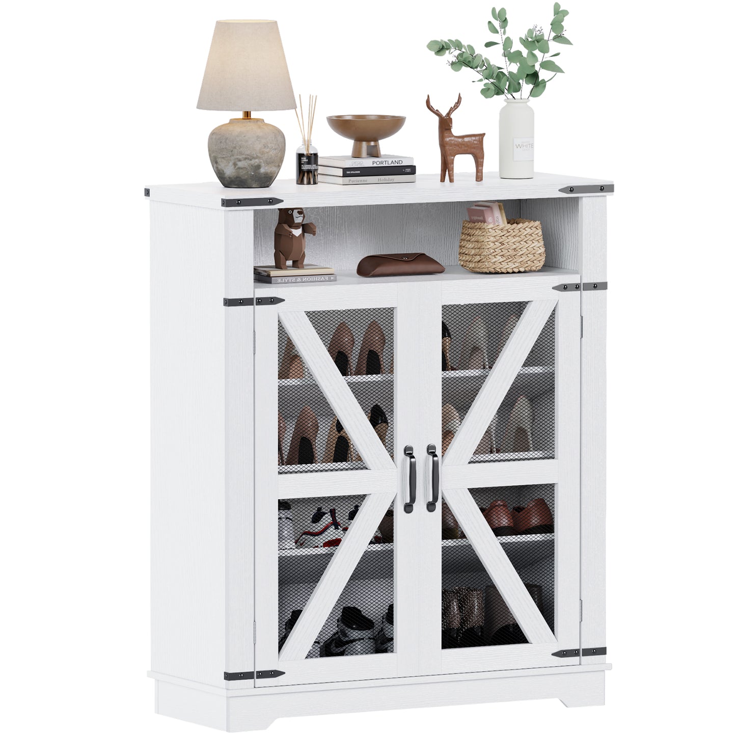 Flycity Shoe Cabinet, 6-Tiers Shoe Rack Organizer Cabinet with Adjustable Shelves, Freestanding Cabinet Storage with Anti-Tip Fitting (Mesh Door)
