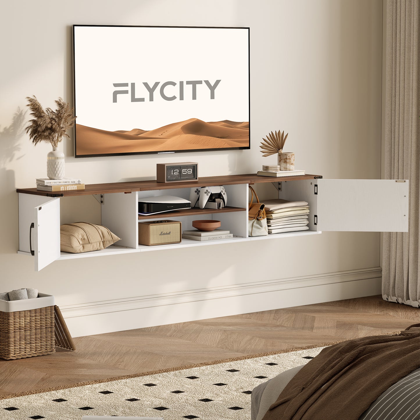 Flycity 63'' Farmhouse Floating TV Stand with Doors, Wall Mounted Entertainment Center for TVs up to 80 Inch, 2-Tier Floating TV Shelf Cabinet for Living Room or Bedroom