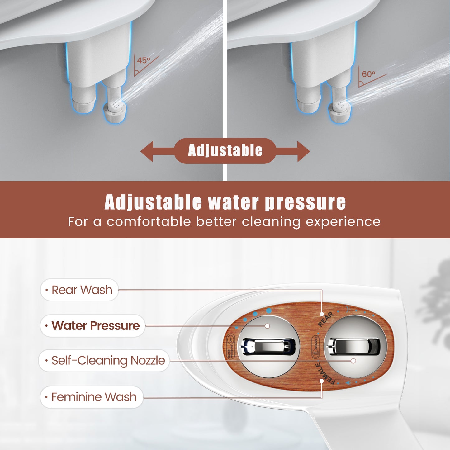 KINGTACK Bidet Attachment for Toilet, Non-Electric Self-Cleaning Bidet Seat Attachment, Fresh Cold Bidet Attachment for Feminine/Posterior Wash, with Adjustable Pressure Control (Wood Color)