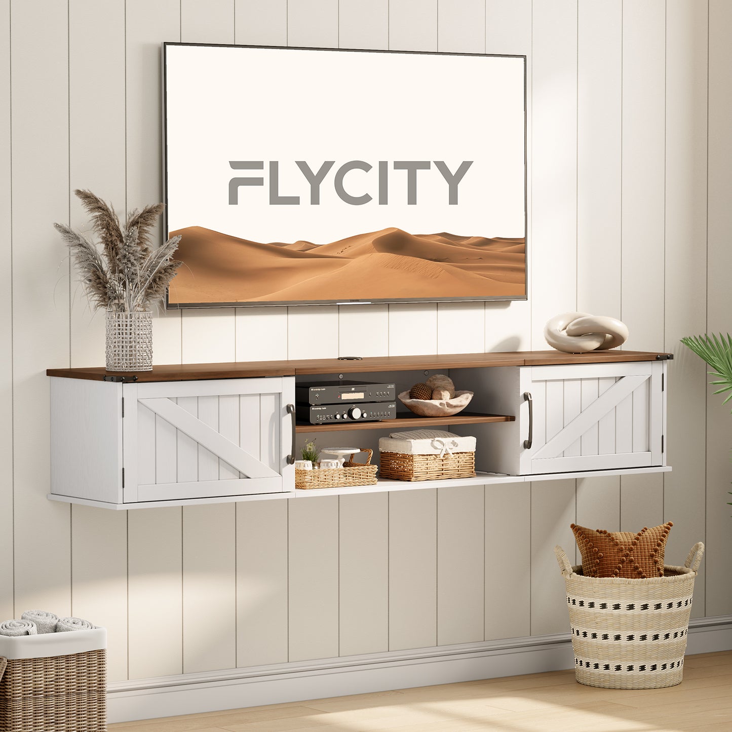 Flycity 63'' Farmhouse Floating TV Stand with Doors, Wall Mounted Entertainment Center for TVs up to 80 Inch, 2-Tier Floating TV Shelf Cabinet for Living Room or Bedroom