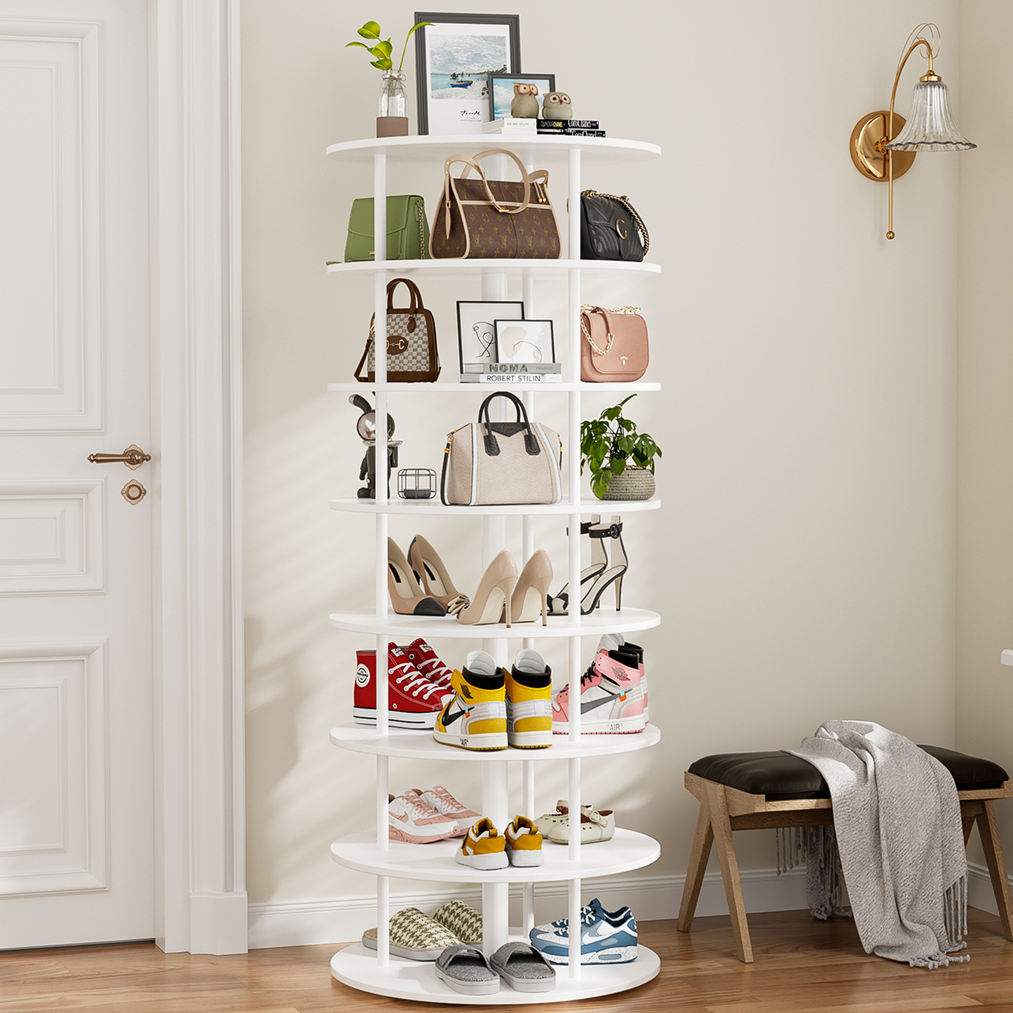 Flycity 7 Tier Rotating Shoe Rack Tower, 360° Spinning Shoe Organizer, Vertical Handbag & Shoe Carousel, Revolving Shoes Closet Storage Rack, White