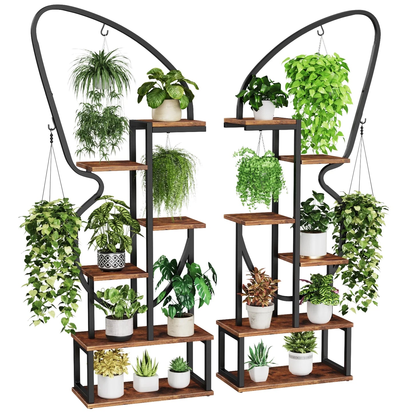 Flycity 6 Tier Metal Plant Stand Indoor Butterfly-Shaped with 6 Hooks & 12 Boards, Large Ladder Plant Shelf with Adjustable Feet for Living Room, Balcony, Garden, Art Studio, 2 Packs