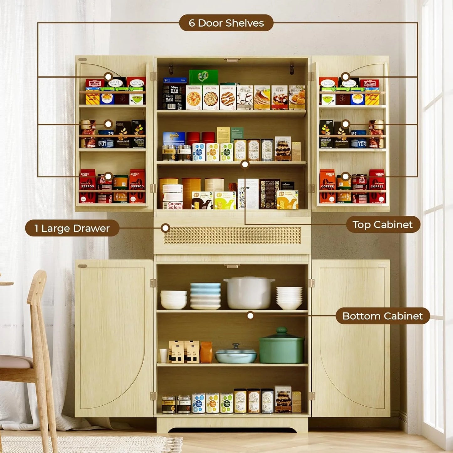 Flycity 72" Tall Kitchen Pantry, Rattan Pantry Cabinet, Storage Cabinet with Doors and Shelves for Kitchen Dining Living Room, 72" H x 15.8" W x 30" D