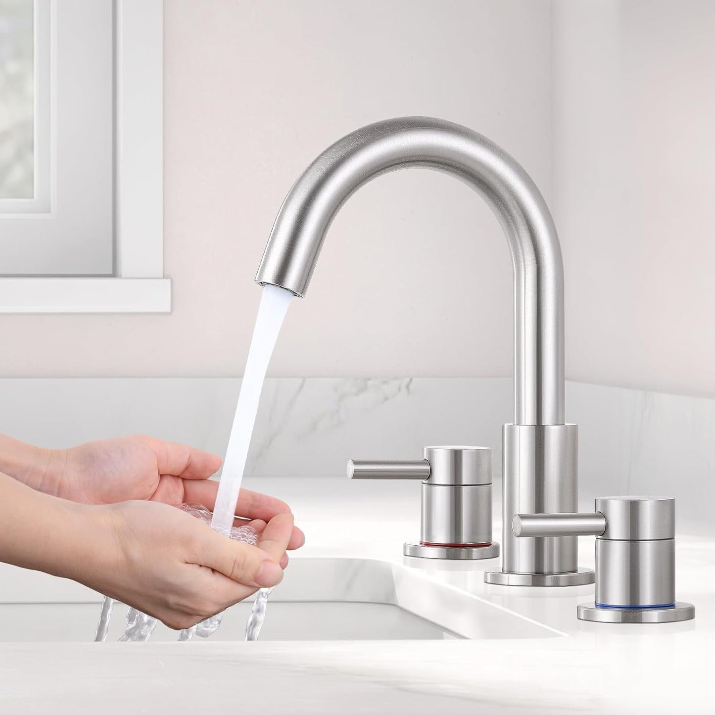 KINGTACK Widespread Bathroom Faucet Two Handle Bathroom Sink Faucet, 8-Inch 3 Pieces Bathroom Vanity Faucet 3 Hole Lavatory Faucet with Supply Lines, Brushed Nickel