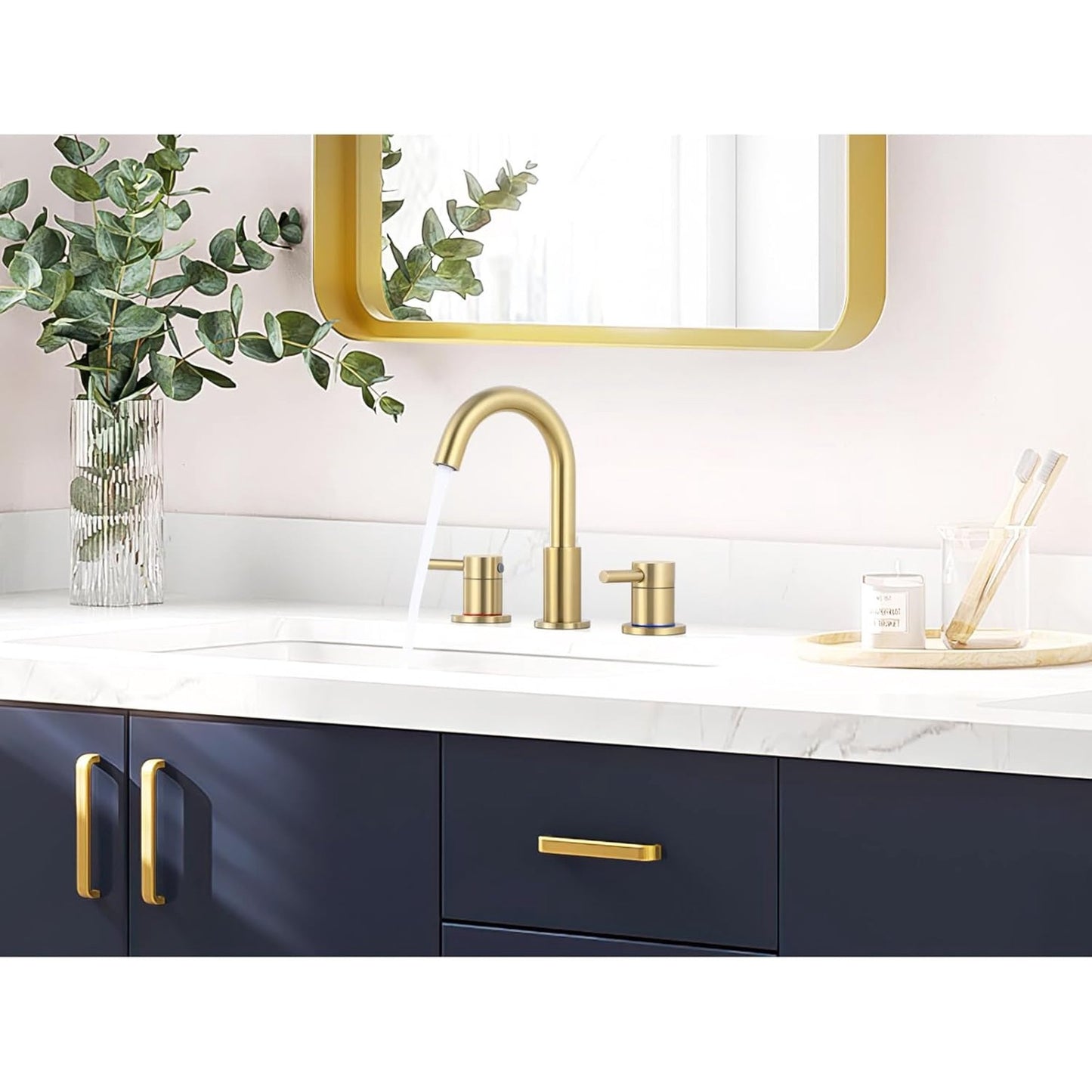 KINGTACK Widespread Bathroom Faucet Two Handle Bathroom Sink Faucet, 8-Inch 3 Pieces Bathroom Vanity Faucet 3 Hole Lavatory Faucet with Supply Lines, Gold