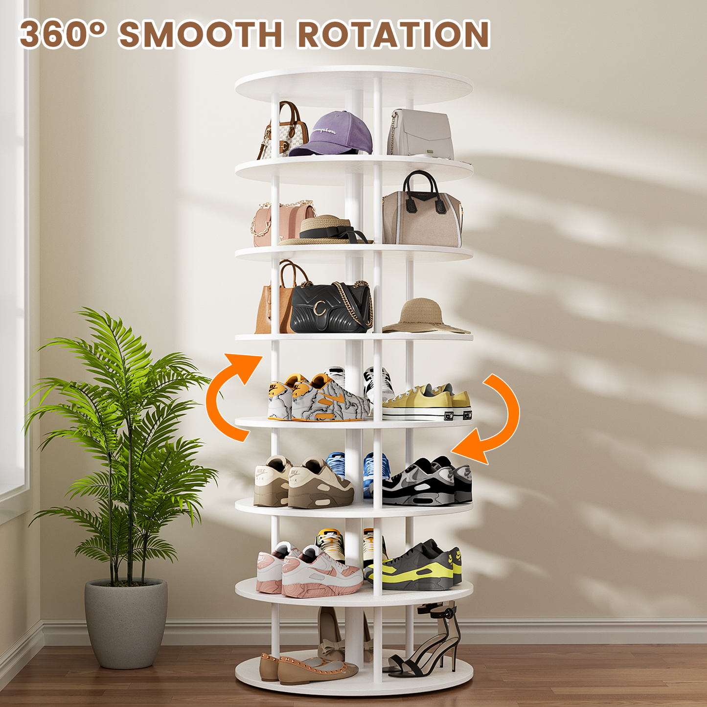 Flycity 7 Tier Rotating Shoe Rack Tower, 360° Spinning Shoe Organizer, Vertical Handbag & Shoe Carousel, Revolving Shoes Closet Storage Rack, White