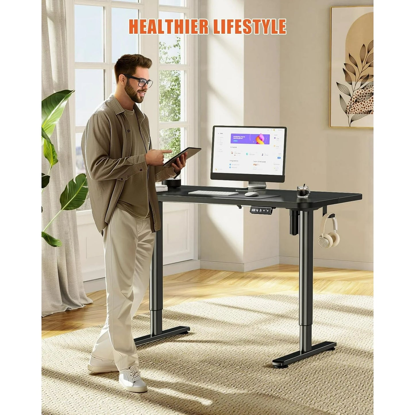 Flycity Electric Standing Desk Adjustable Height Stand Up Desk, 48" x 24" Sit Stand Desk, Low Noise Home Office Desk, Computer Desk with Splice Board, Child Lock & Memory Function, Black