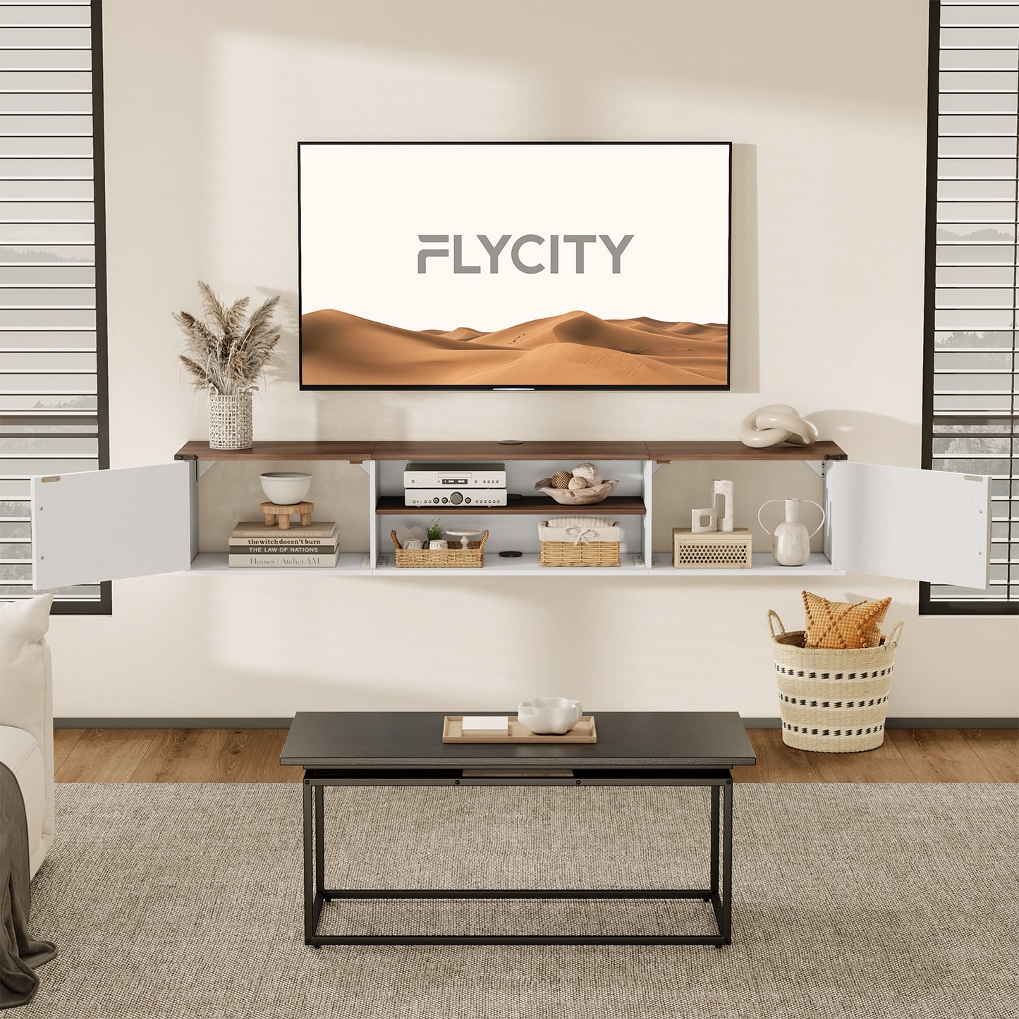 Flycity 63'' Farmhouse Floating TV Stand with Doors, Wall Mounted Entertainment Center for TVs up to 80 Inch, 2-Tier Floating TV Shelf Cabinet for Living Room or Bedroom