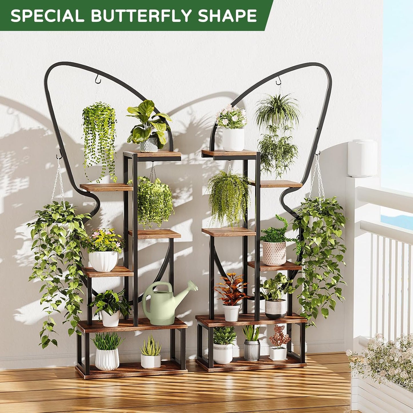 Flycity 6 Tier Metal Plant Stand Indoor Butterfly-Shaped with 6 Hooks & 12 Boards, Large Ladder Plant Shelf with Adjustable Feet for Living Room, Balcony, Garden, Art Studio, 2 Packs