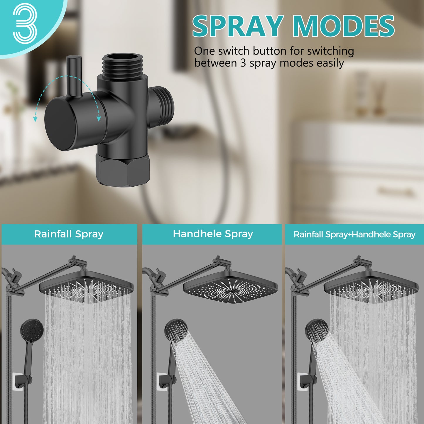 KINGTACK Shower Head Combo, 12 Inch Rain Shower Head with Adjustable Extension Arm and 5 Spray Filtered Shower Head, Black