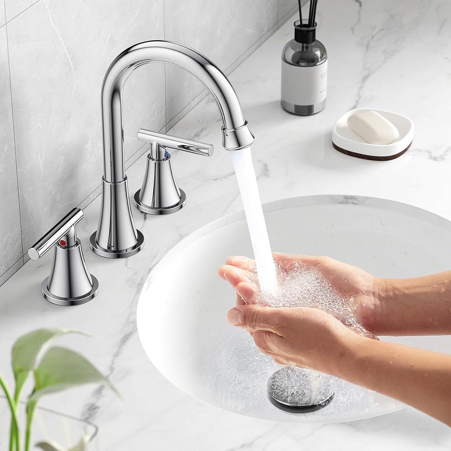 KINGTACK Bathroom Faucet, Chrome Bathroom Sink Faucet with Pop-up Drain and Supply Lines, Stainless Steel Lead-Free Widespread Faucet for Bathroom Sink Vanity RV Farmhouse Sink, 2 Pack
