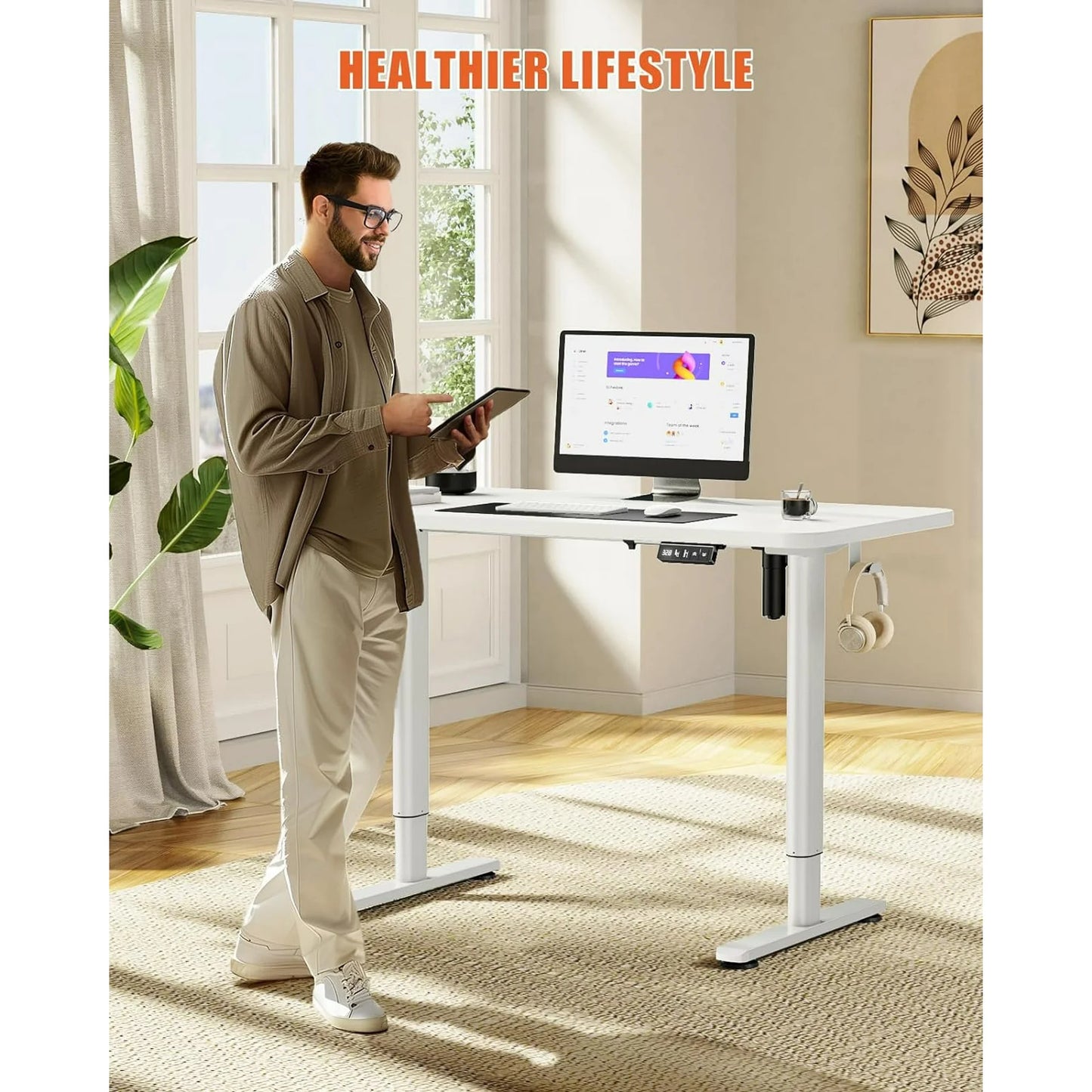 Flycity Electric Standing Desk Adjustable Height Stand Up Desk, 48" x 24" Sit Stand Desk, Low Noise Home Office Desk, Computer Desk with Splice Board, Child Lock & Memory Function, White