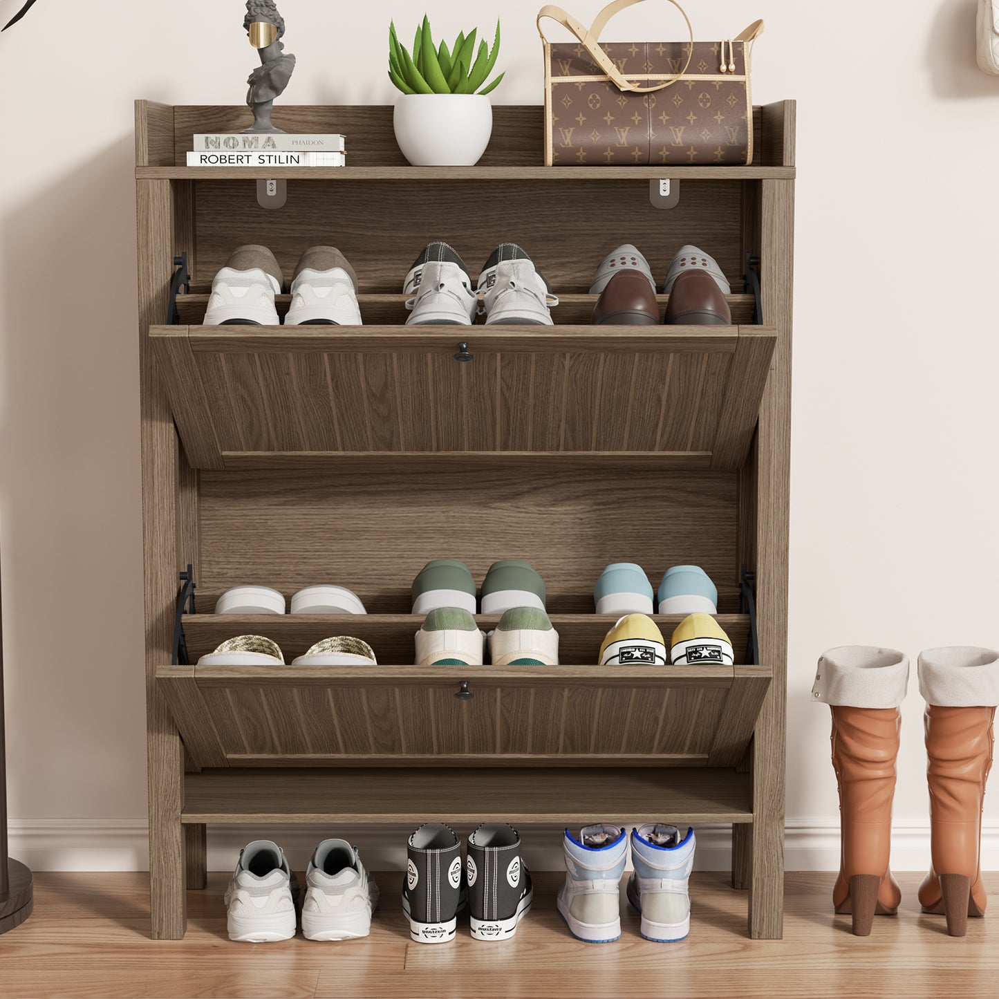 Flycity Shoe Storage Cabinet with 2 Flip Drawers, Freestanding Organizer with Open Storage, Narrow Farmhouse Shoe Rack with Legs for Entryway, Light walnut