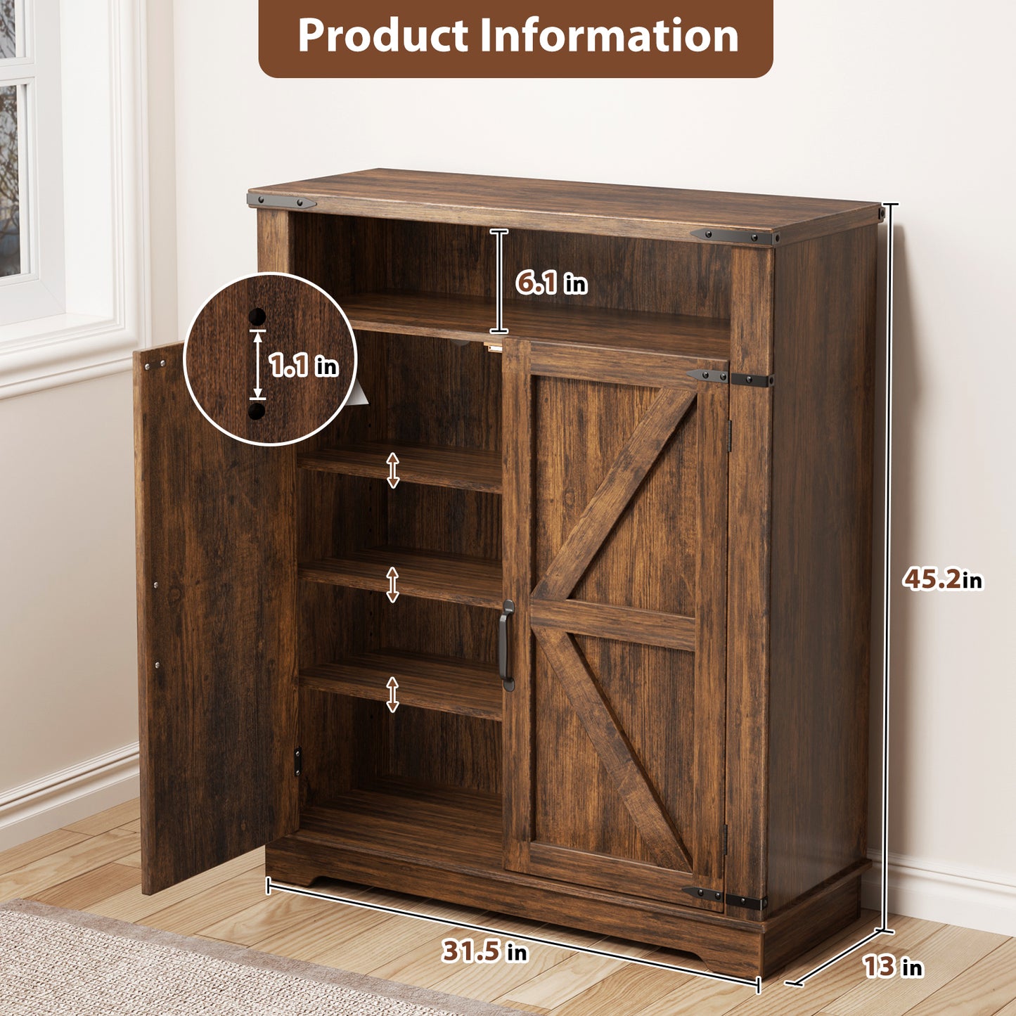 Flycity Shoe Cabinet, 6-Tiers Shoe Rack Organizer Cabinet with Adjustable Shelves, Freestanding Cabinet Storage with Anti-Tip Fitting (Walnut)