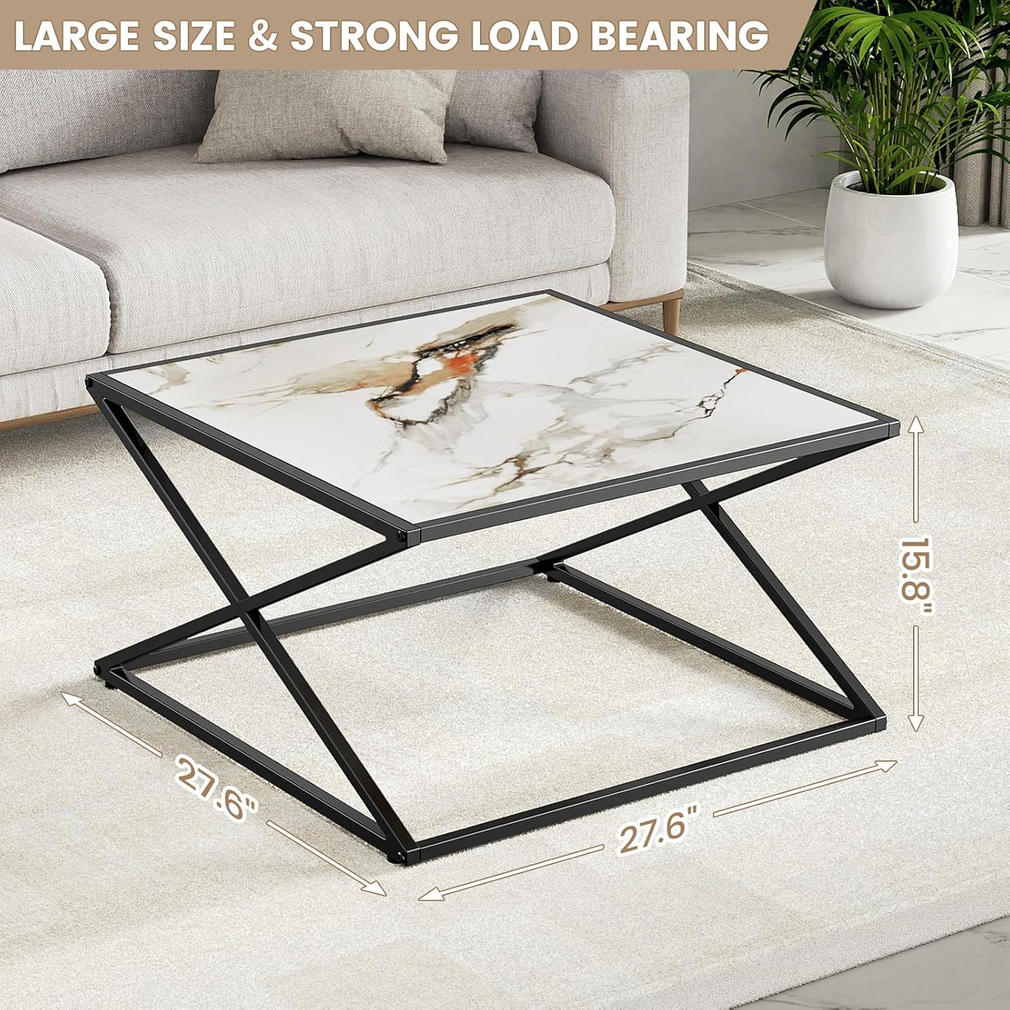 Flycity 27.6 Inch Marble Coffee Table, White Top Small Square Coffee Table with Black Metal Frame, Simple Modern Center Coffee Table for Living Room Home Office