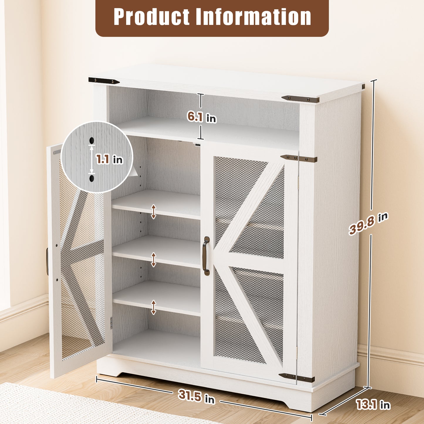 Flycity Shoe Cabinet, 6-Tiers Shoe Rack Organizer Cabinet with Adjustable Shelves, Freestanding Cabinet Storage with Anti-Tip Fitting (Mesh Door)