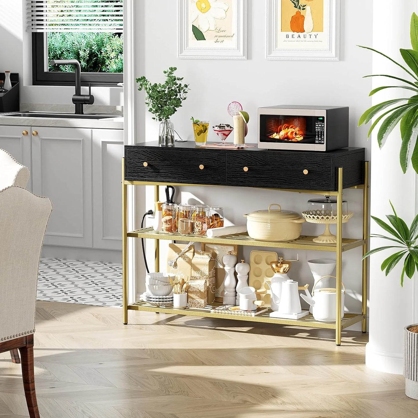 Flycity Metal Frame Console Tables for Entryway with 2 Drawers & Charging Station(with 2 Outlet and 2 USB Ports), 39'' Long Sofa Console Table with 3 Tier Storage Shelves for Living Room, Hallway