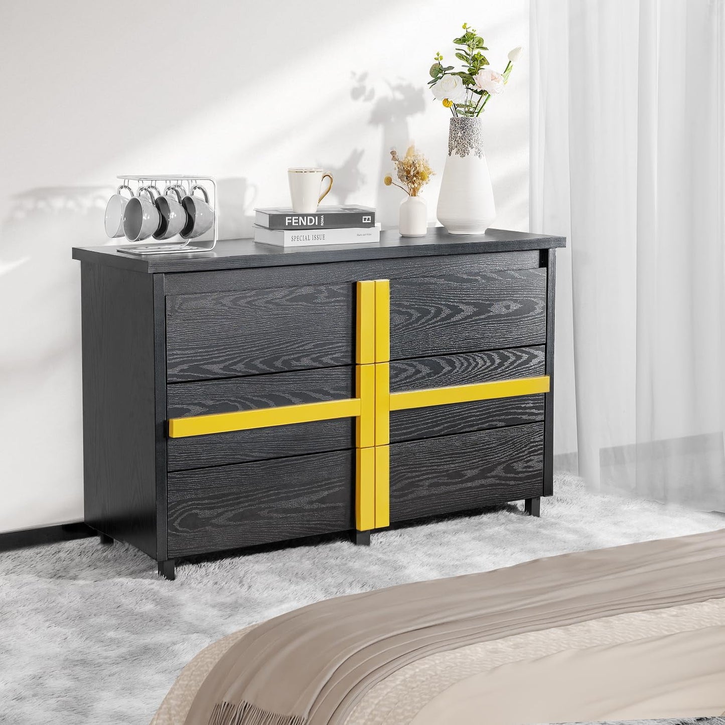FLYCITY 6 Drawer 47.2'' Dresser for Bedroom, Modern Dresser Wood Storage Cabinet with Gold Handle, Large & Long Dresser(Black)