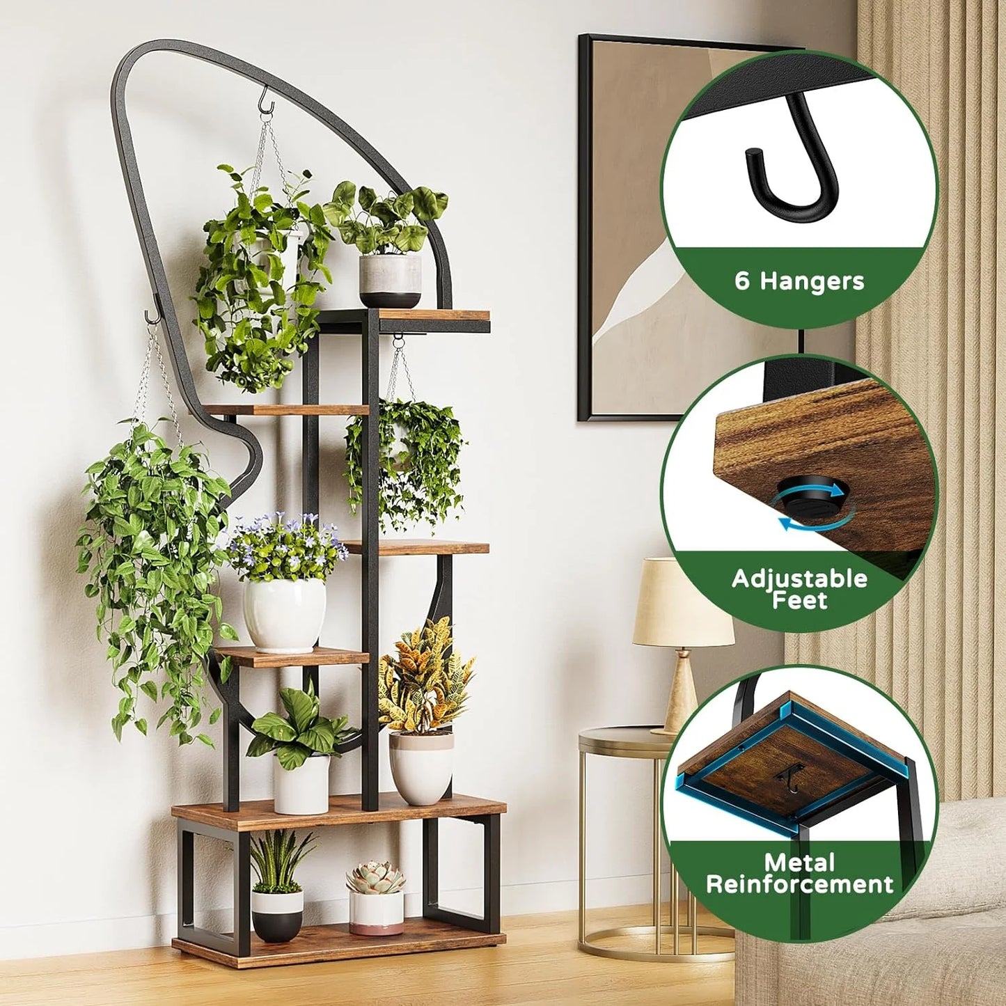 Flycity 6 Tier Metal Plant Stand Indoor Butterfly-Shaped with 6 Hooks & 12 Boards, Large Ladder Plant Shelf with Adjustable Feet for Living Room, Balcony, Garden, Art Studio, 2 Packs