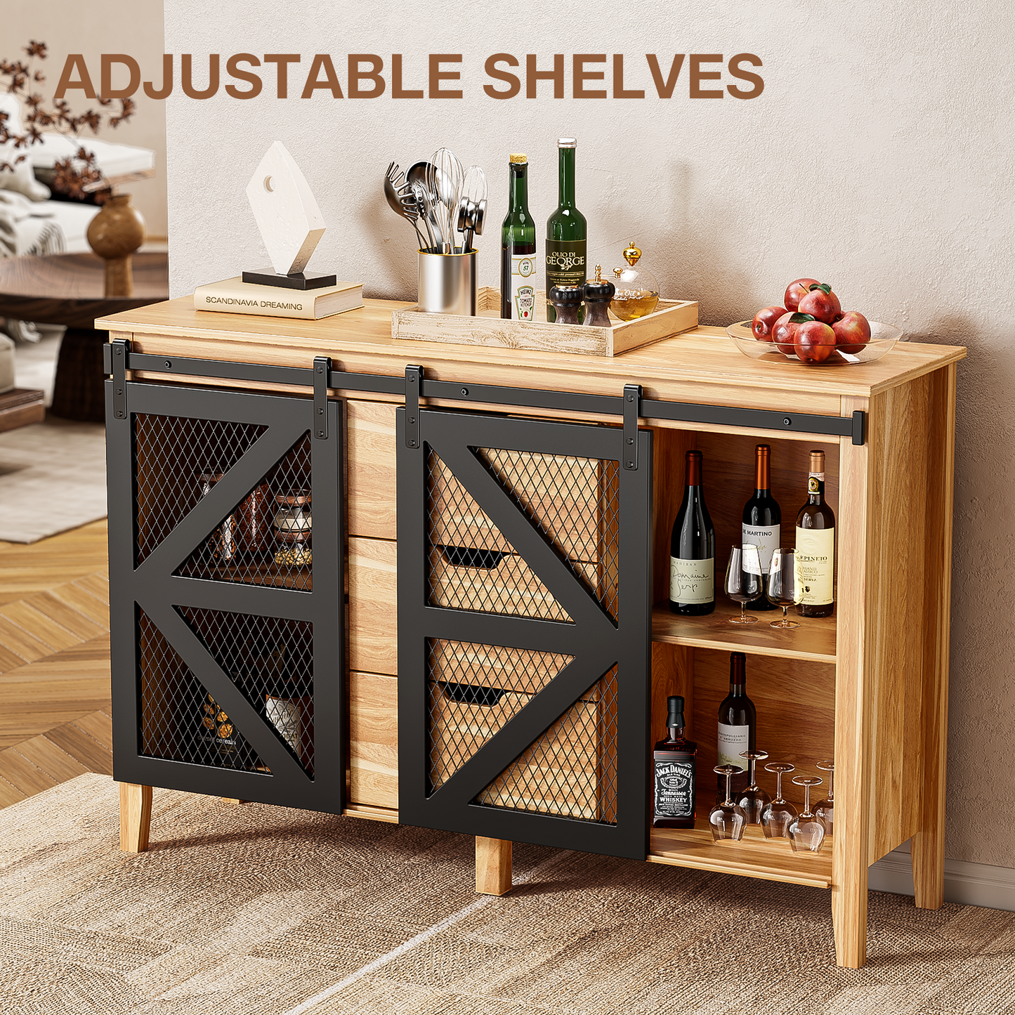 Flycity Sideboard Buffet Cabinet with Sliding Barn Doors and 3 Drawers, Sideboard with Storage, 47" Wood Farmhouse Accent Cabinet for Kitchen, Dining Room, Hallway, Living Room