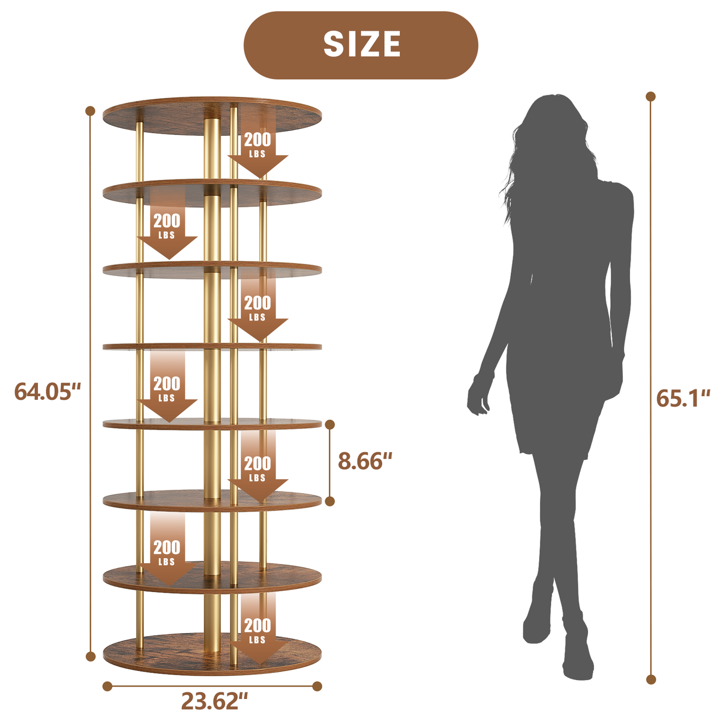 Flycity 7 Tier Rotating Shoe Rack Tower, 360° Spinning Shoe Organizer, Vertical Handbag & Shoe Carousel, Revolving Shoes Closet Storage Rack, Gold