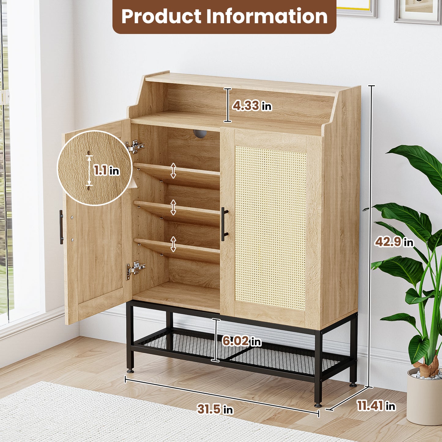 Flycity Rattan Shoe Cabinet with Doors, 7-Tier Shoe Rack Organizer Cabinet with Adjustable Shelves & Buffer Hinge, Freestanding Storage with Anti-Tip Fitting for Entryway, Hallway