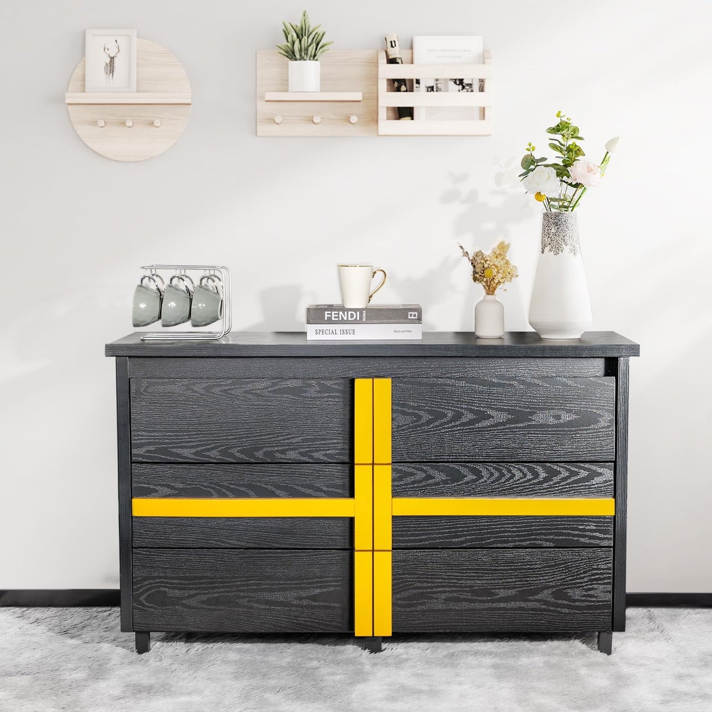 FLYCITY 6 Drawer 47.2'' Dresser for Bedroom, Modern Dresser Wood Storage Cabinet with Gold Handle, Large & Long Dresser(Black)