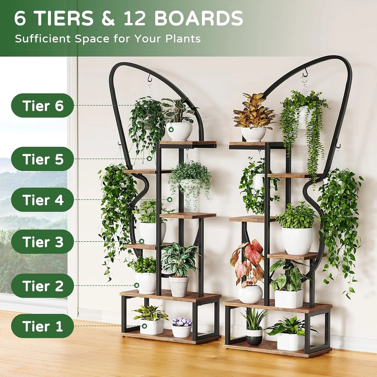 Flycity 6 Tier Metal Plant Stand Indoor Butterfly-Shaped with 6 Hooks & 12 Boards, Large Ladder Plant Shelf with Adjustable Feet for Living Room, Balcony, Garden, Art Studio, 2 Packs