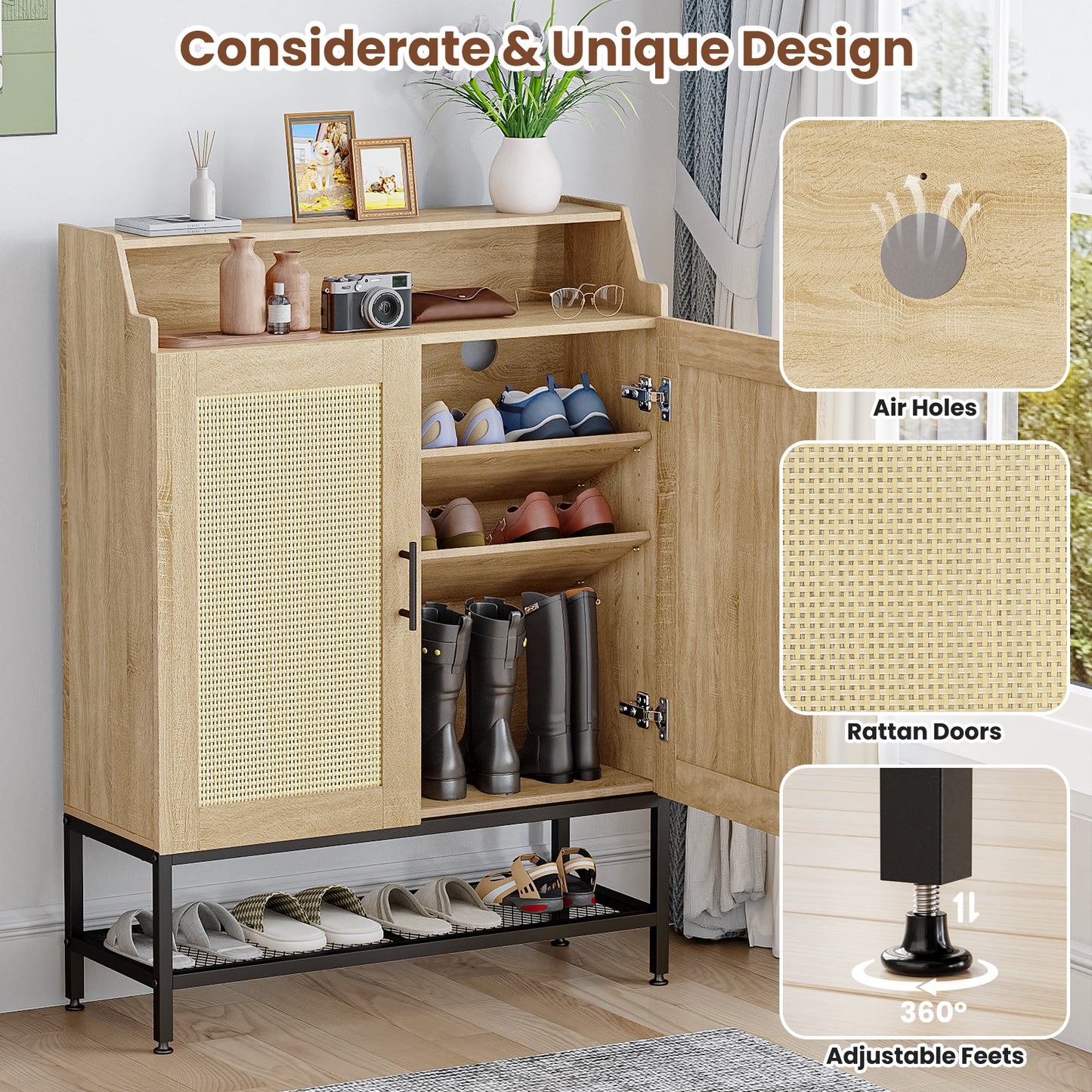 Flycity Rattan Shoe Cabinet with Doors, 7-Tier Shoe Rack Organizer Cabinet with Adjustable Shelves & Buffer Hinge, Freestanding Storage with Anti-Tip Fitting for Entryway, Hallway
