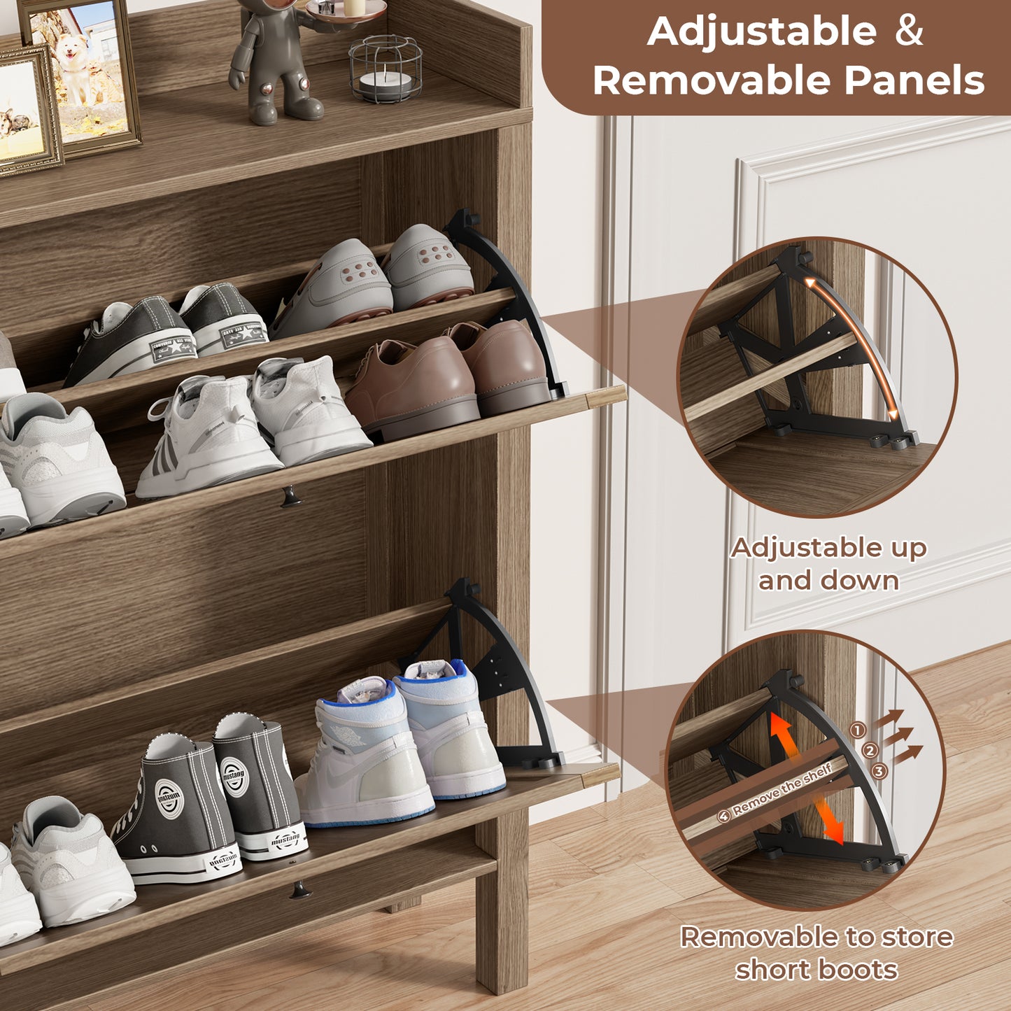 Flycity Shoe Storage Cabinet with 2 Flip Drawers, Freestanding Organizer with Open Storage, Narrow Farmhouse Shoe Rack with Legs for Entryway, Light walnut