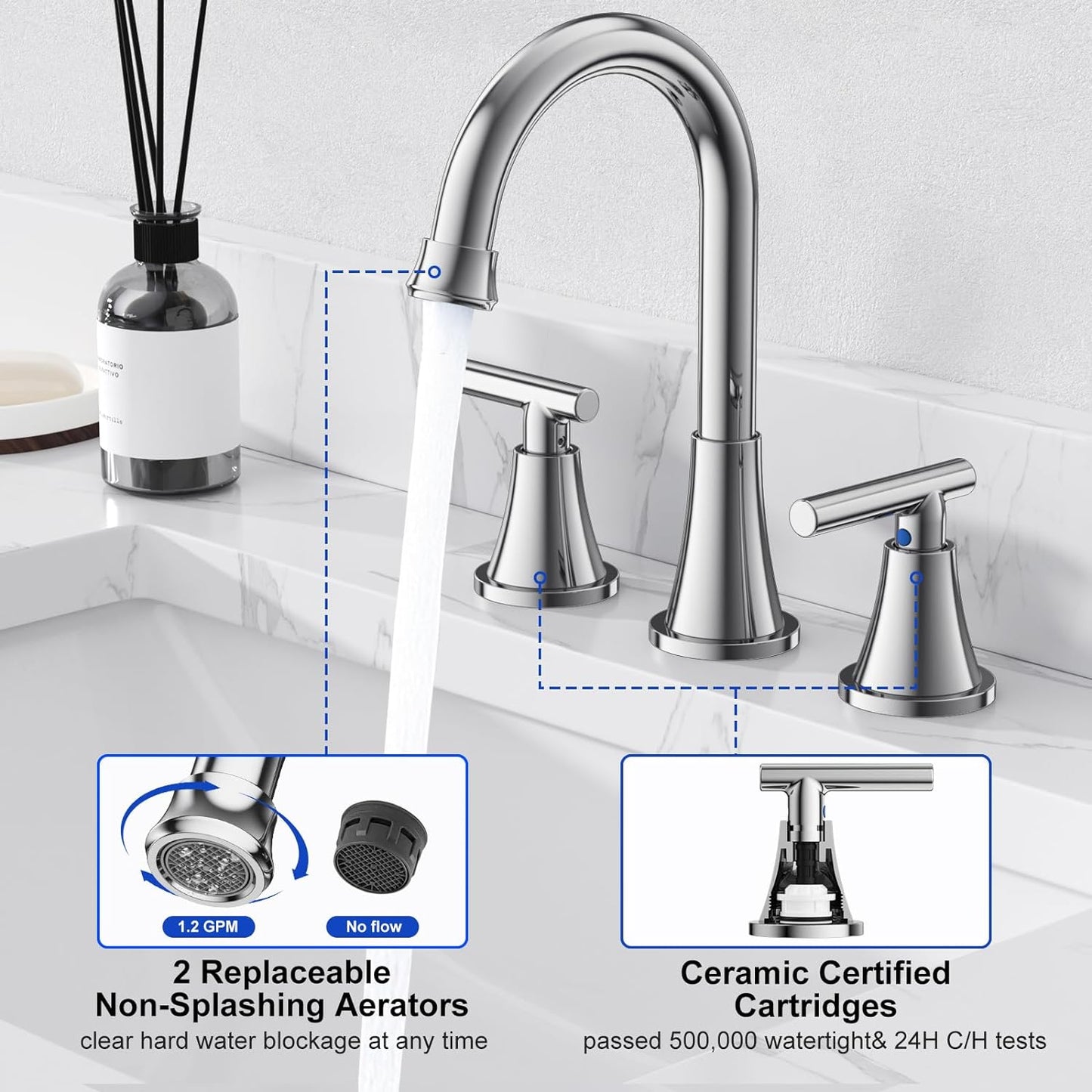 KINGTACK Bathroom Faucet, Chrome Bathroom Sink Faucet with Pop-up Drain and Supply Lines, Stainless Steel Lead-Free Widespread Faucet for Bathroom Sink Vanity RV Farmhouse Sink, 2 Pack
